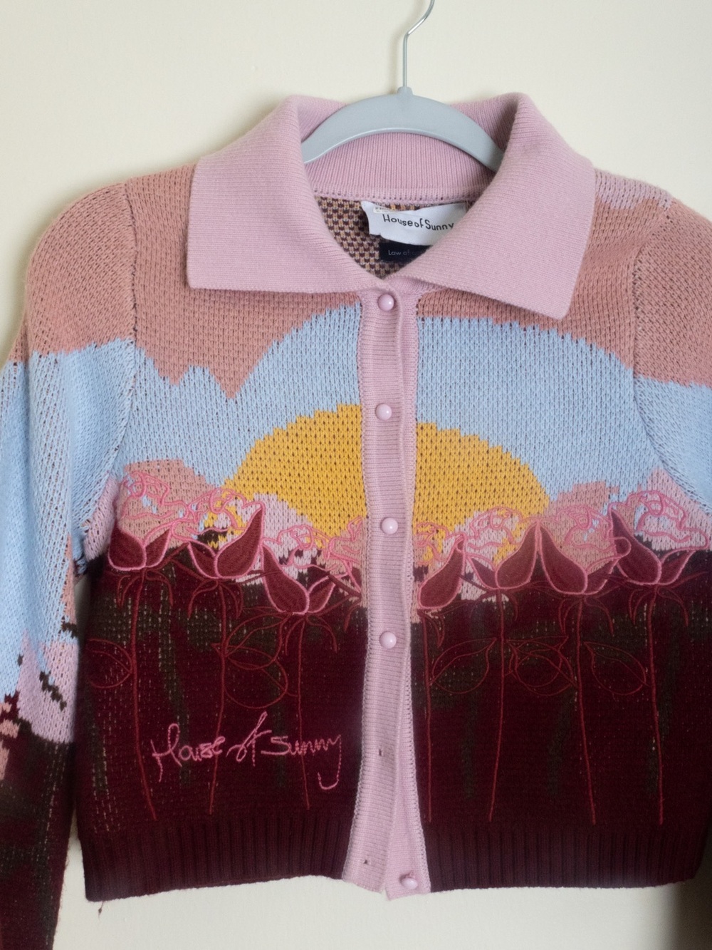 House of Sunny Pink Blue Yellow Floral Jacquard Cardigan